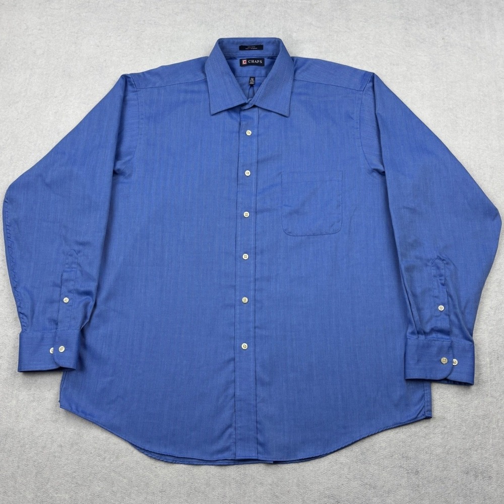 Chaps Dress Shirt Mens XL 17 17.5 Blue Herringbone Cotton Easy Care Long Sleeve